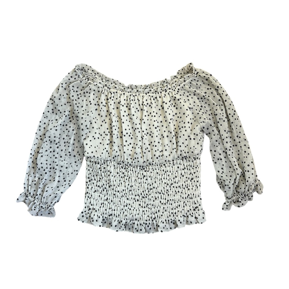 Anthropologie Lucia Smocked Waist Off The Shoulder Polka Dot Top🐈‍⬛🤍